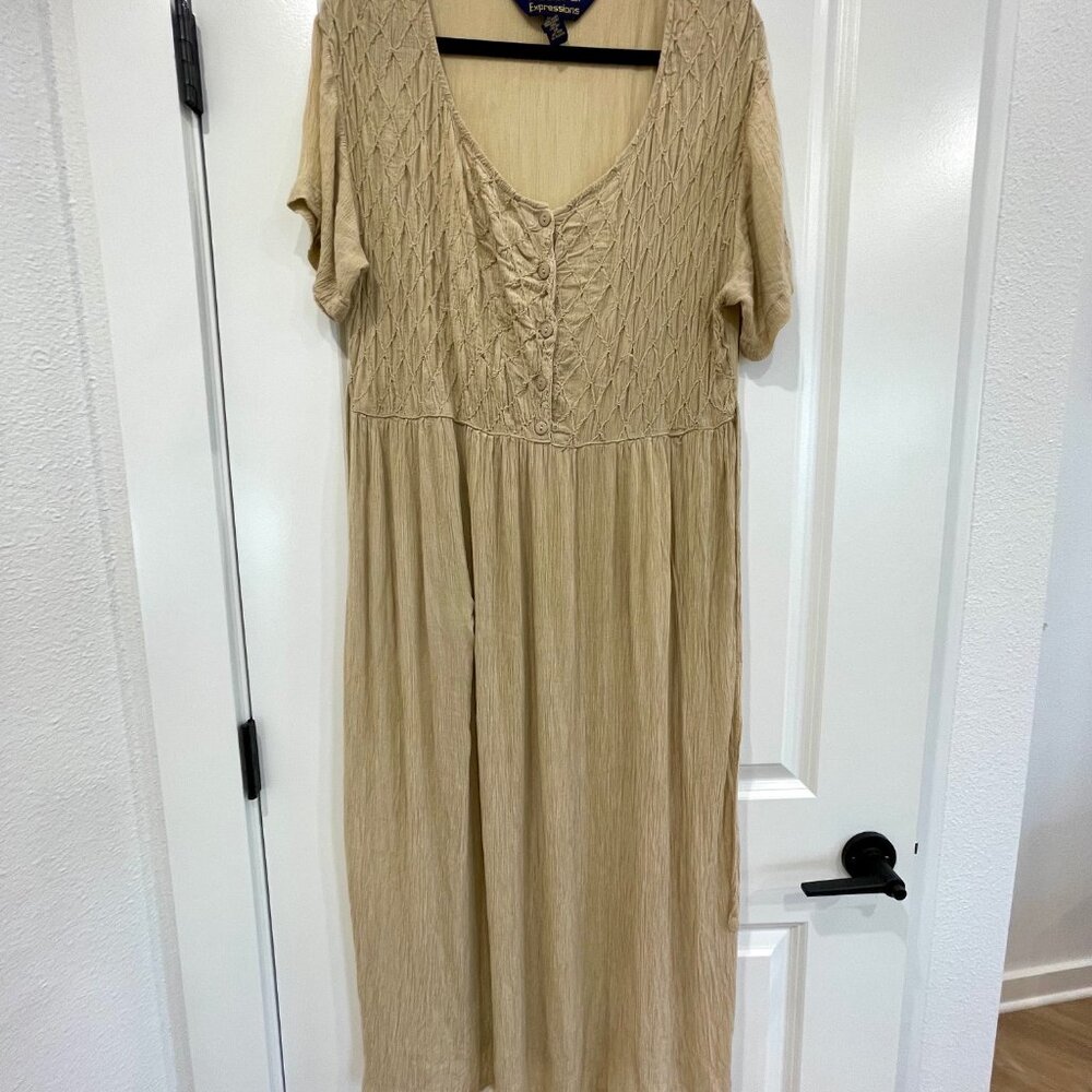 Expressions Tan Boho Maxi Dress Flowy Summer Cottagecore Dress - Size 1X - Picture 2 of 13